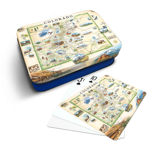 Colorado Map Playing cards that features iconic attractions, flora and fauna of that area - Blue Metal Tin