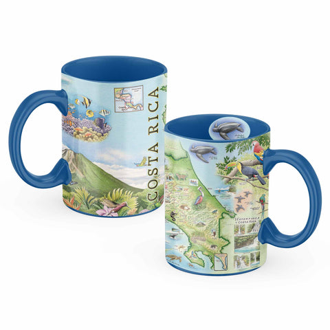 Front and back view of Costa Rica 16oz ceramic mug with hand-drawn map design by Xplorer Maps