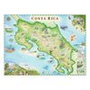 Hand-drawn map of Costa Rica featuring turtles, herons, tropical birds, sea life, monkeys, sloth, waterfalls, volcano, beach and ocean. 