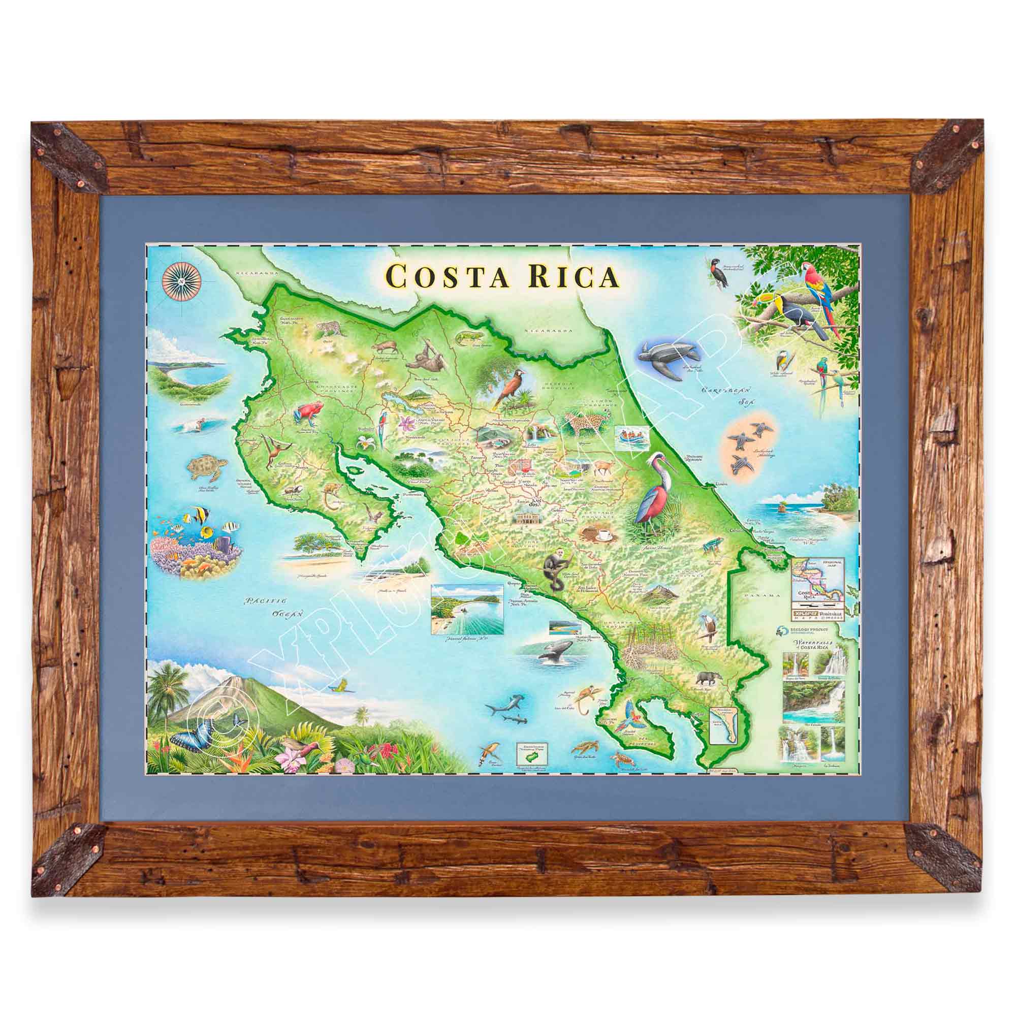 Costa Rica map in a pine frame and blue mat on white background. 