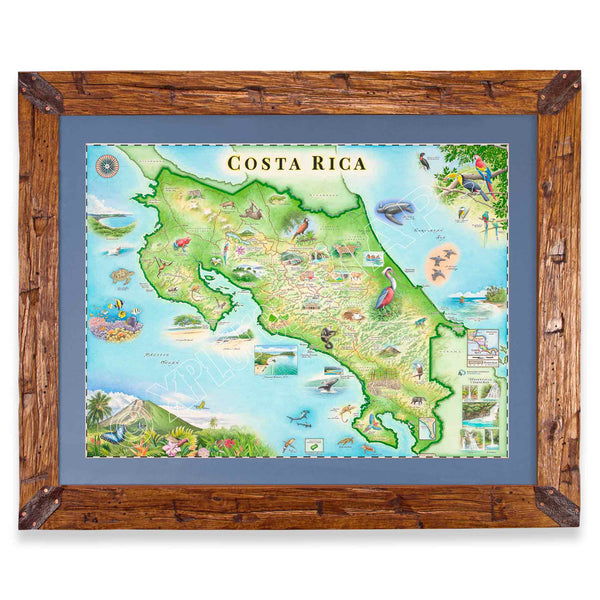 Costa Rica map in a pine frame and blue mat on white background. 