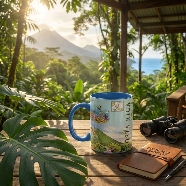 Mug with Costa Rica design on a wooden table with binoculars and notebook, set against a scenic backdrop.
