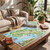 A large Costa Rica jigsaw puzzle and its box are displayed on a rustic wooden coffee table in a cozy, sunlit living room setting with a sofa, potted plants, and warm ambient lighting.