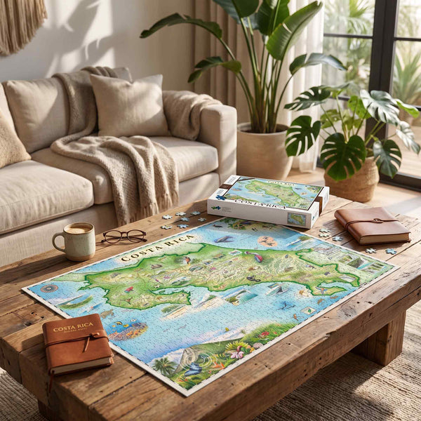 A large Costa Rica jigsaw puzzle and its box are displayed on a rustic wooden coffee table in a cozy, sunlit living room setting with a sofa, potted plants, and warm ambient lighting.