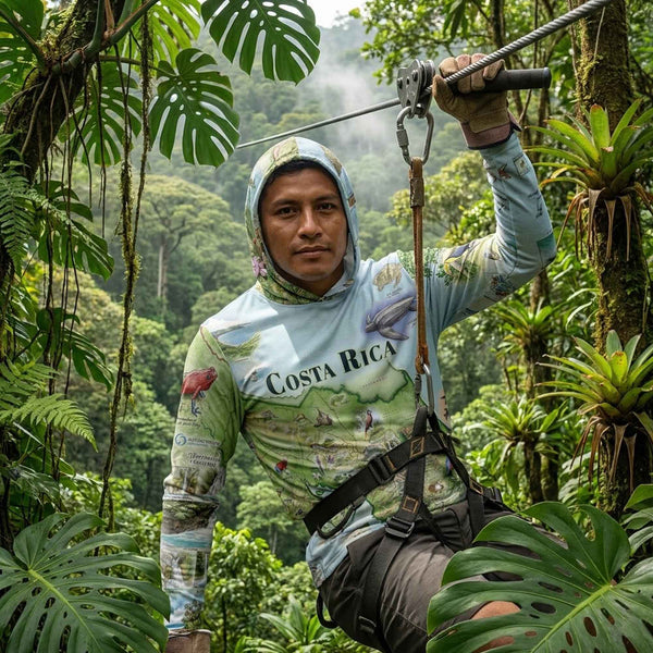 Person on a zip line in a Costa Rican rainforest wearing a hoodie with a map design.