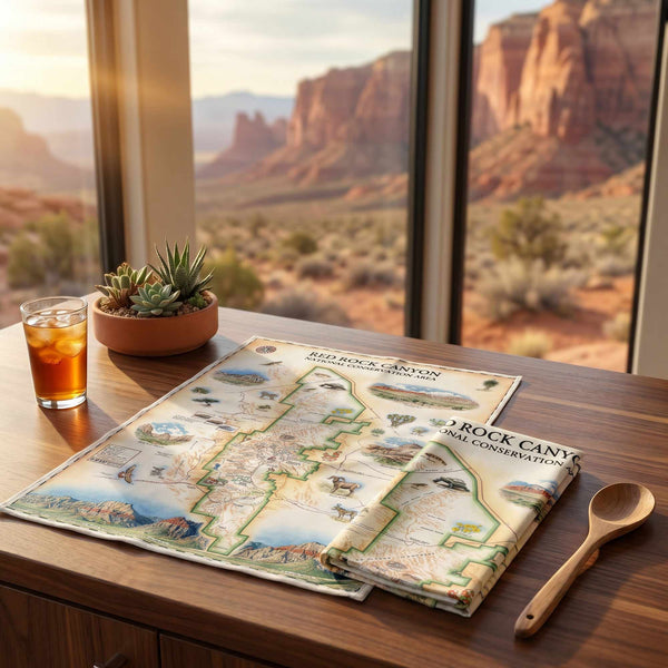 Table with Red Rock Canyon map dish towel, glass of iced tea, and wooden spoon with desert view outside window