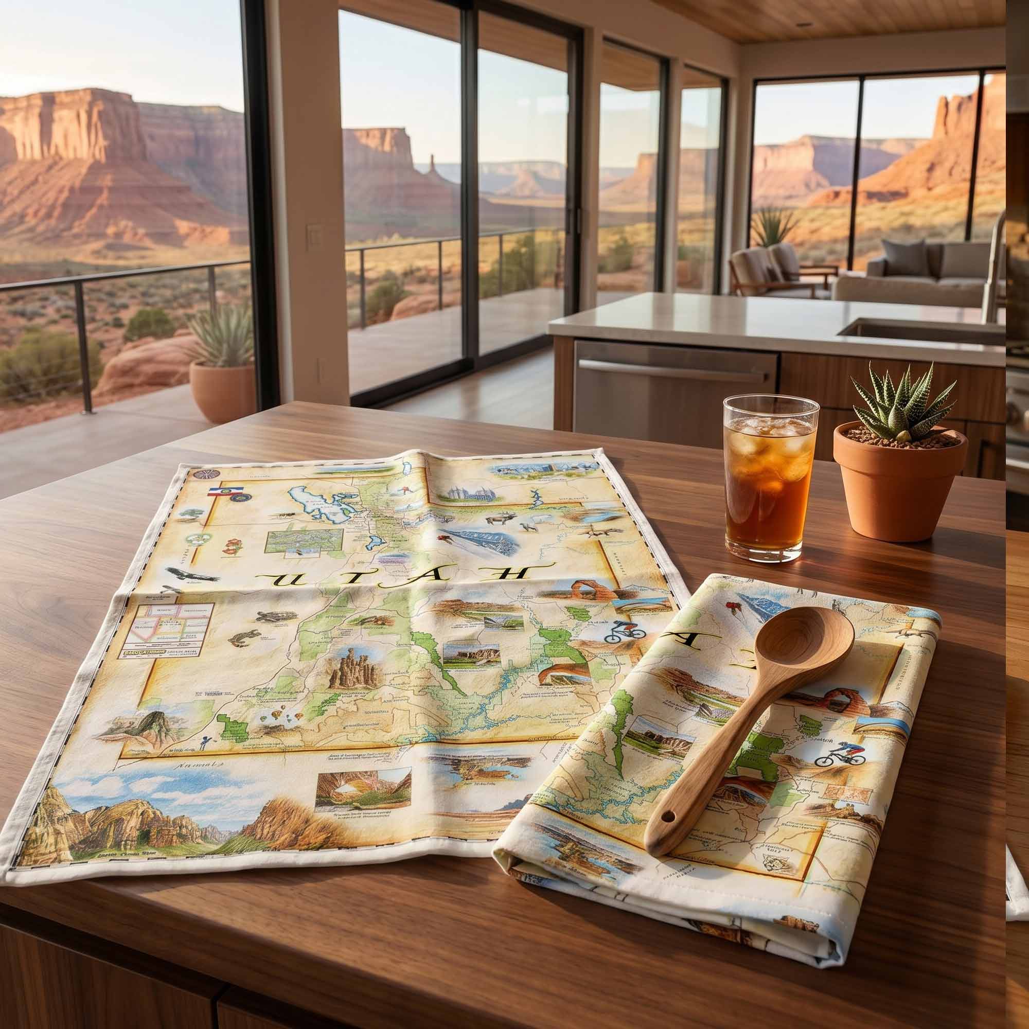 Dish Towel with scenic placemats and a glass of iced tea in a room with large windows showing a desert landscape.