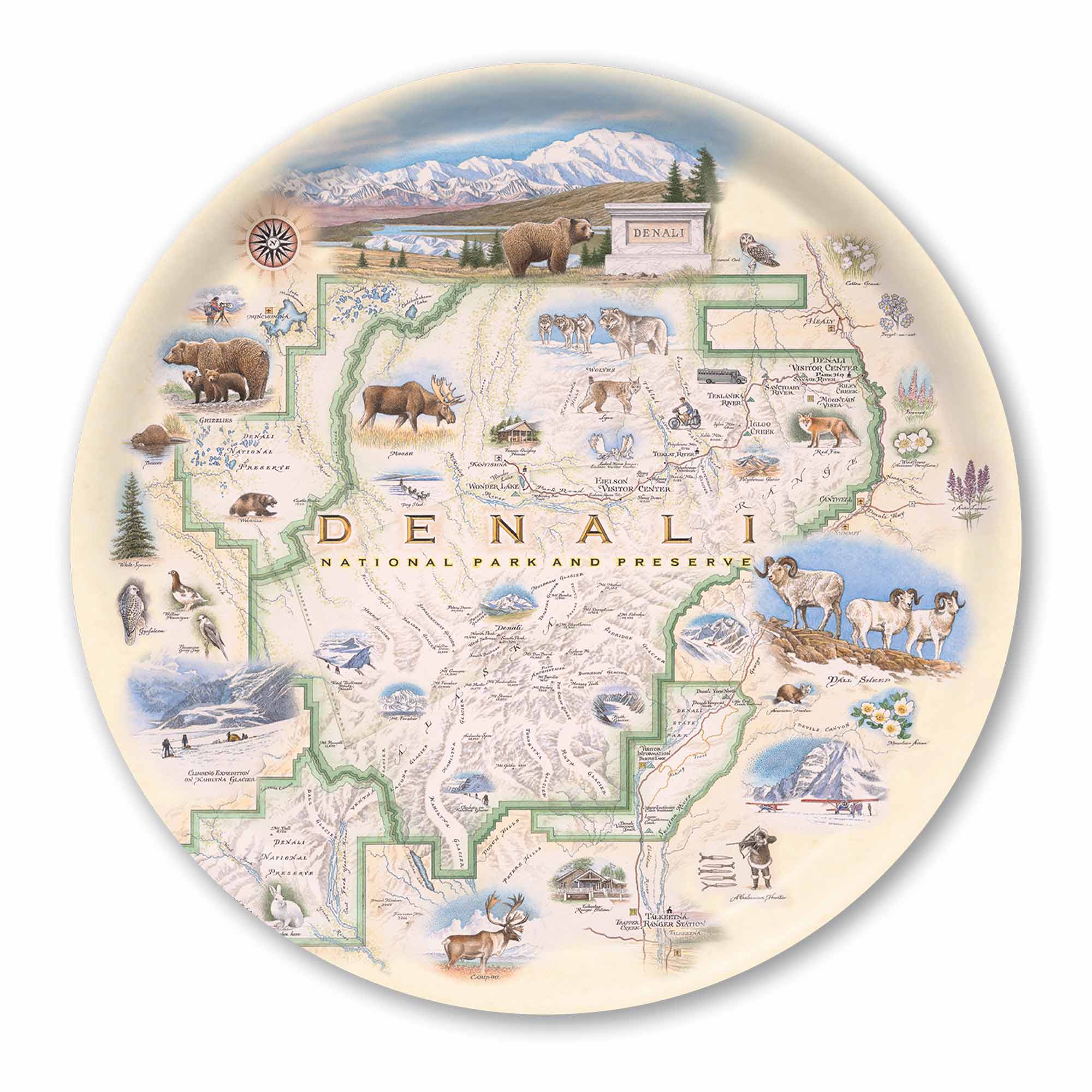 Round Denali serving tray map of Denali National Park and Preserve with illustrations of animals and scenery on a decorative plate.