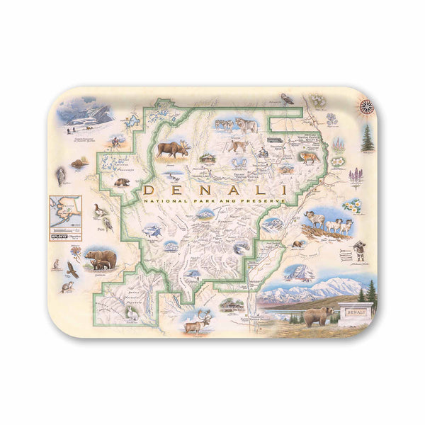 Medium Denali serving tray map of Denali National Park and Preserve with illustrations on a beige background