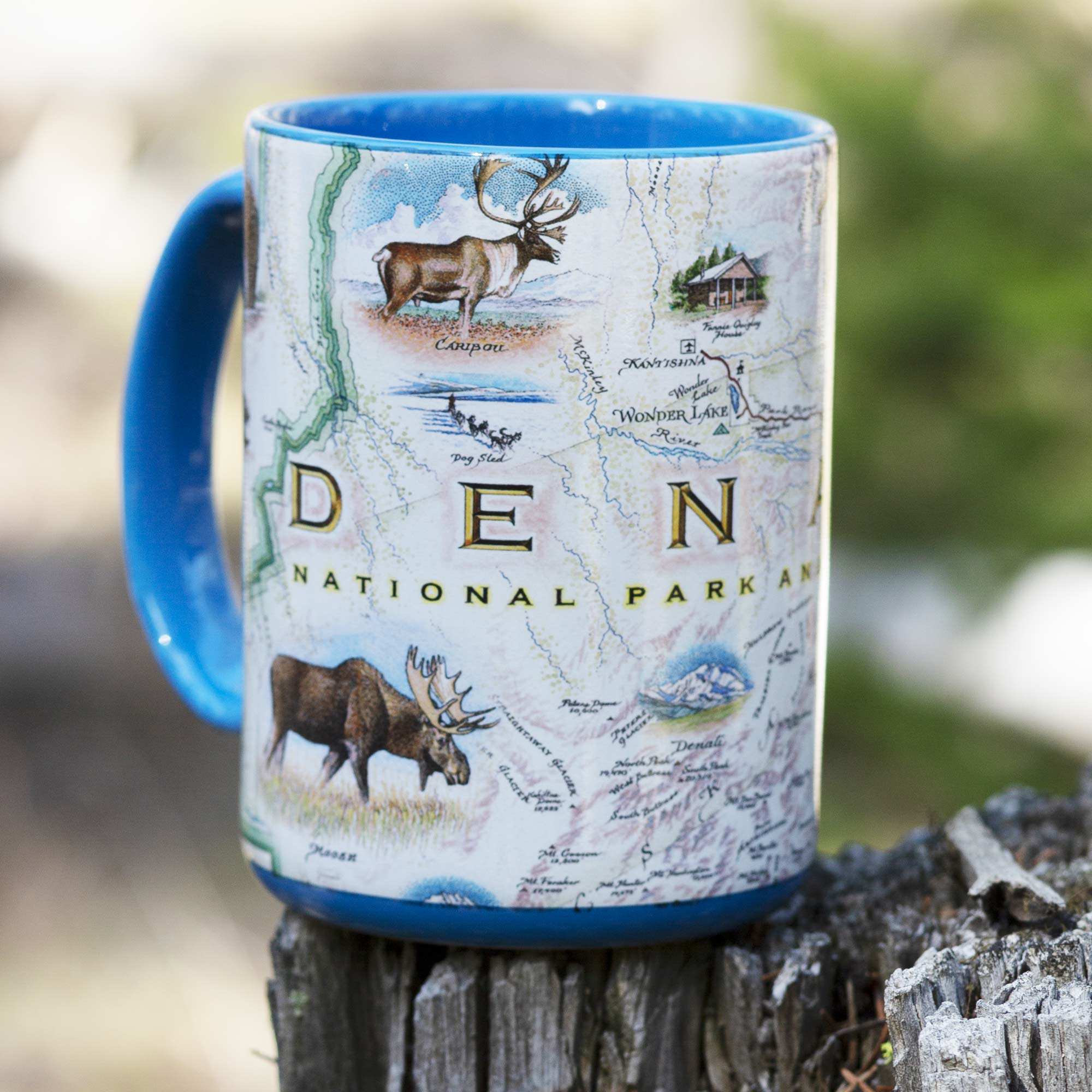 Blue 16 oz Alaska's Denali National Park Coffee Mug sitting on a log in the forest. 