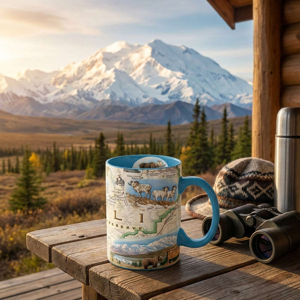 Denali Mug with mountain design on a wooden table with binoculars and a hat, overlooking a snowy mountain.