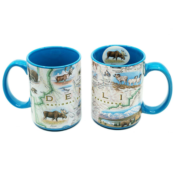 Two Alaska's Denali National Park Coffee Mug features mountain goats, Grizzly bears, Mountains, and moose inside the cup. Blue - 16 oz