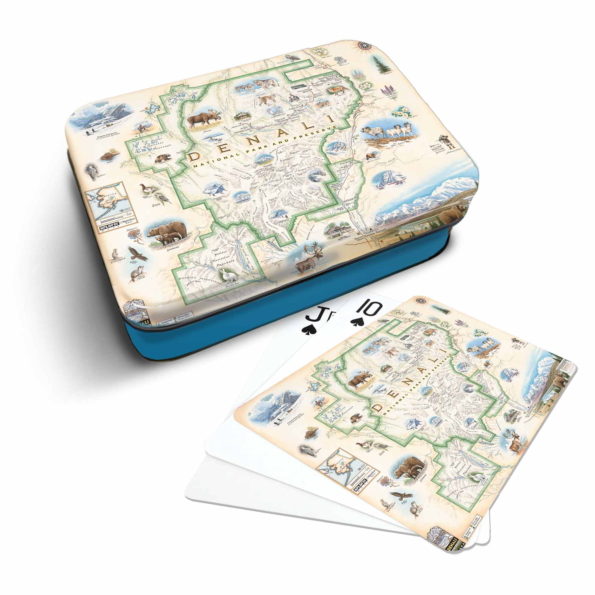 Denali National Park Map Playing cards that features iconic attractions, flora and fauna of that area - Blue Metal Tin