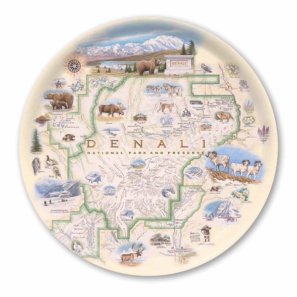 Round Denali serving tray map of Denali National Park and Preserve with illustrations of animals and scenery on a decorative plate.
