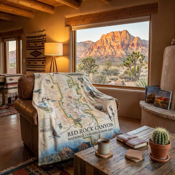 Living room with a map blanket of Red Rock Canyon, mountain view, and decor items.