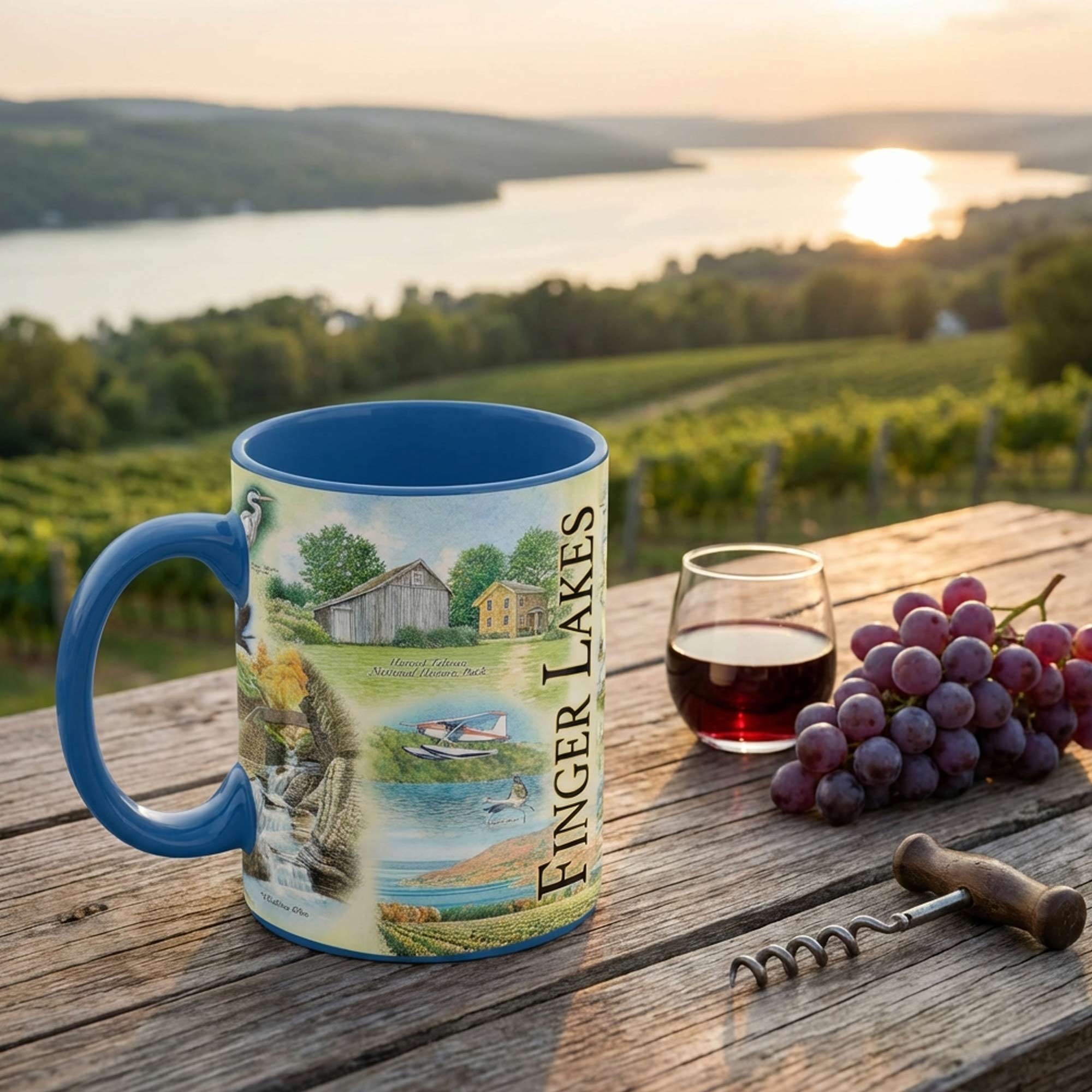 Finger Lakes mug with scenic design on a wooden table with grapes and wine.