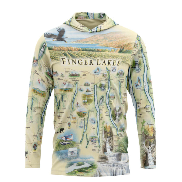Front Sun Shirt Hoodie with Finger Lakes map design on a white background