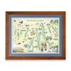 Finger Lakes hand drawn map in greens and blues. The map features Ithaca, Glen Watkins, Syracuse,  and Rochester.  Waterfalls, bald eagles, Deer and black bear are featured on the map. The map is frames in Montana Larch in a blue mat.