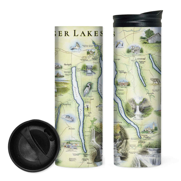 Front and back images of Xplorer Maps 16 oz Stainless Steel Travel Drinkware. They are designed around the exquisite hand-drawn map art by Xplorer Maps co-founder and illustrator Chris Robitaille.