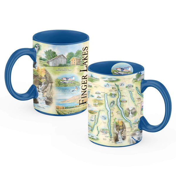 16 oz ceramic mug adorned with a picturesque depiction of the Finger Lakes region. Perfect for savoring your favorite beverage while reminiscing about lakeside adventures and scenic vineyards in New York. This stylish memento features illustrations of iconic wildlife, including a majestic black bear, soaring eagle, and graceful deer, adding to its charm and appeal