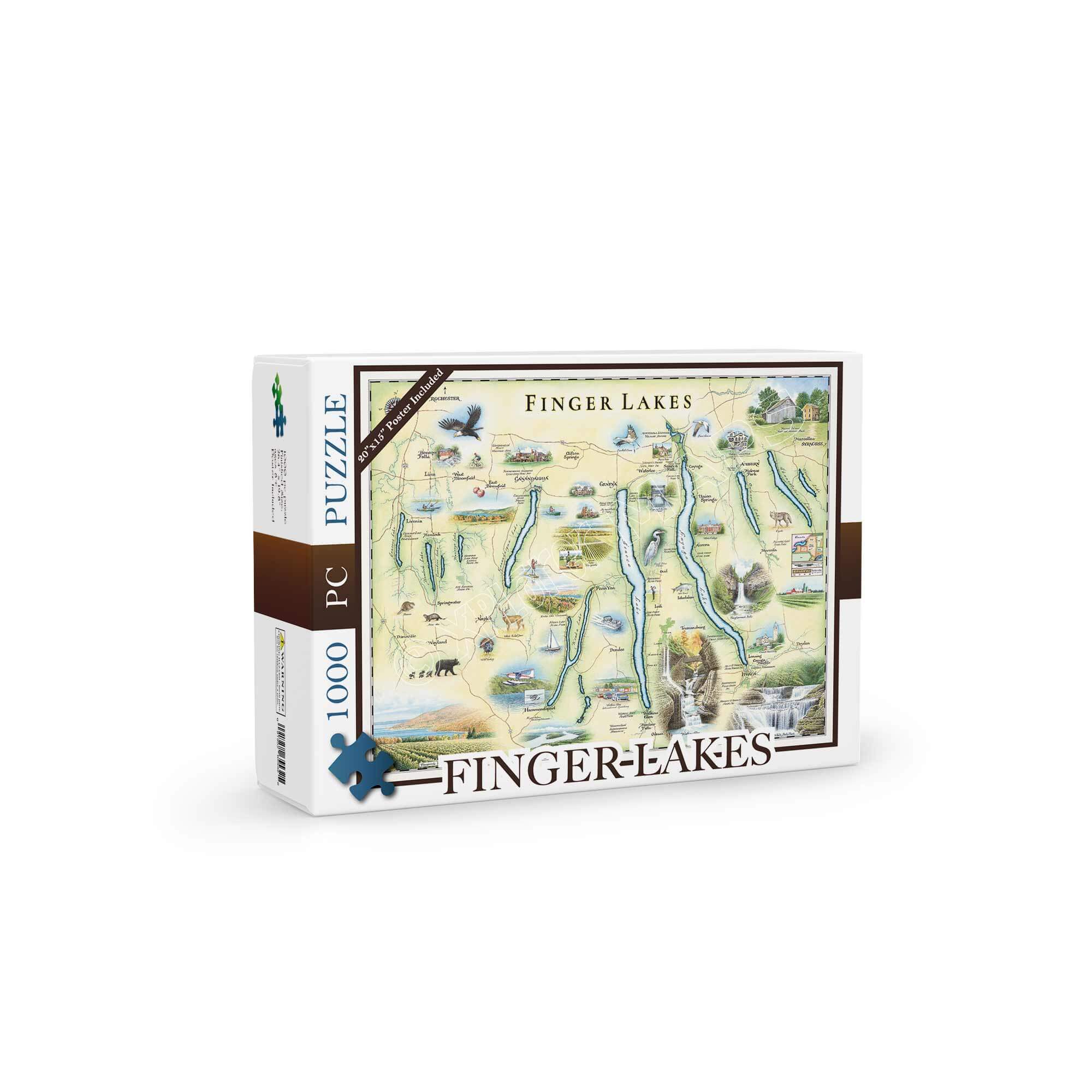 Finger Lakes with this captivating 1000-piece puzzle. Featuring a stunning depiction of the region's scenic landscapes and iconic attractions, it's the perfect way to unwind while enjoying the charm of New York's lakeside adventures and vineyards.
