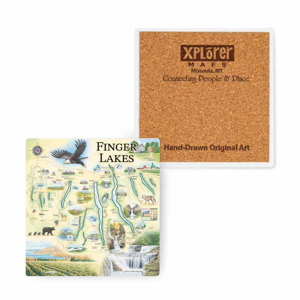 Enhance your table setting with this exquisite Finger Lakes ceramic coaster, featuring a stunning depiction of the region's serene landscapes. Perfect for protecting surfaces while enjoying your favorite beverages, it's a stylish reminder of the beauty and tranquility of New York's Finger Lakes region.