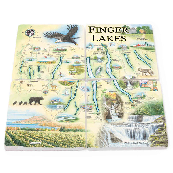 Finger Lakes Map Natural Stone Coasters in soothing blue, green, and tan hues. The design highlights vineyards, a black bear with cubs, a majestic bald eagle, and iconic landmarks like Watkins Glen, Ithaca, and Syracuse in the state of New York, capturing the scenic beauty and diverse attractions of the Finger Lakes region
