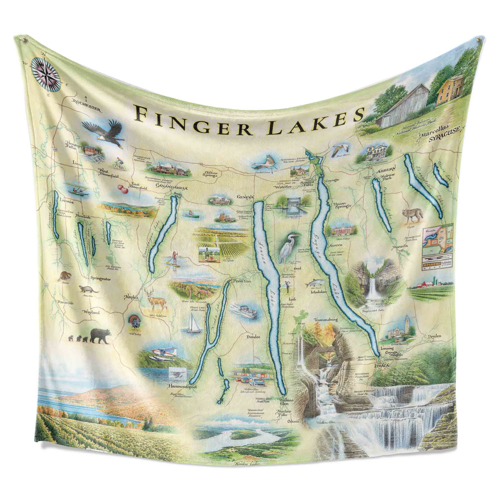  The hanging Finger Lakes Fleece Blanket showcases the stunning beauty of New York State's Finger Lakes region, including Canandaigua, Keuka, Seneca, Cayuga, and Skaneateles Lakes. Seneca is the largest, while Keuka has a distinctive Y-shape. Charming towns like Skaneateles and wine trails around Seneca and Cayuga Lakes add to the region's allure.