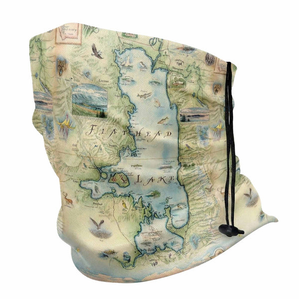 Map-themed neck gaiter  with Flathead Lake map design on a white background