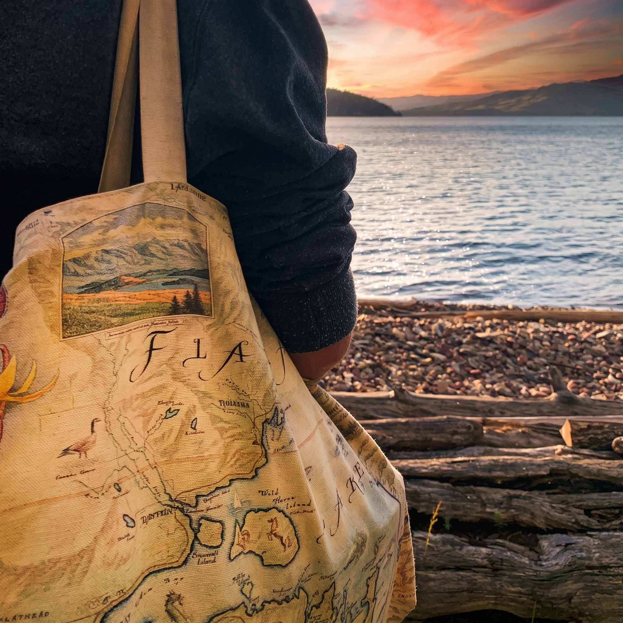 Flathead Lake Map Canvas Tote Bag