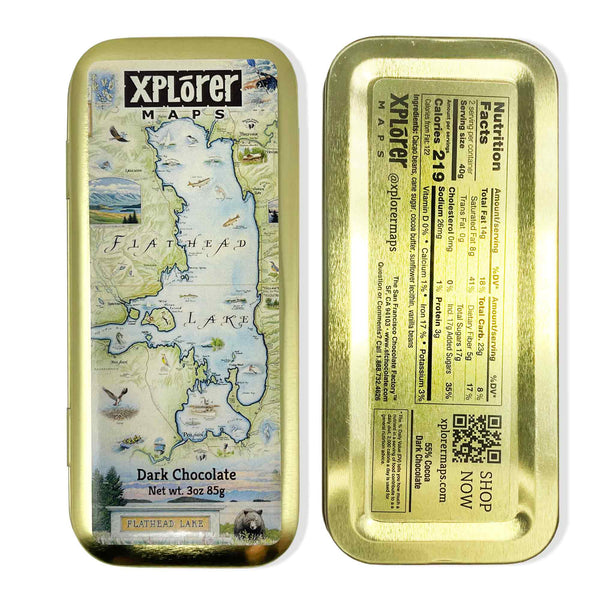 Flathead Lake Map Dark chocolates by Xplorer Maps in a gold re-usable tin.
