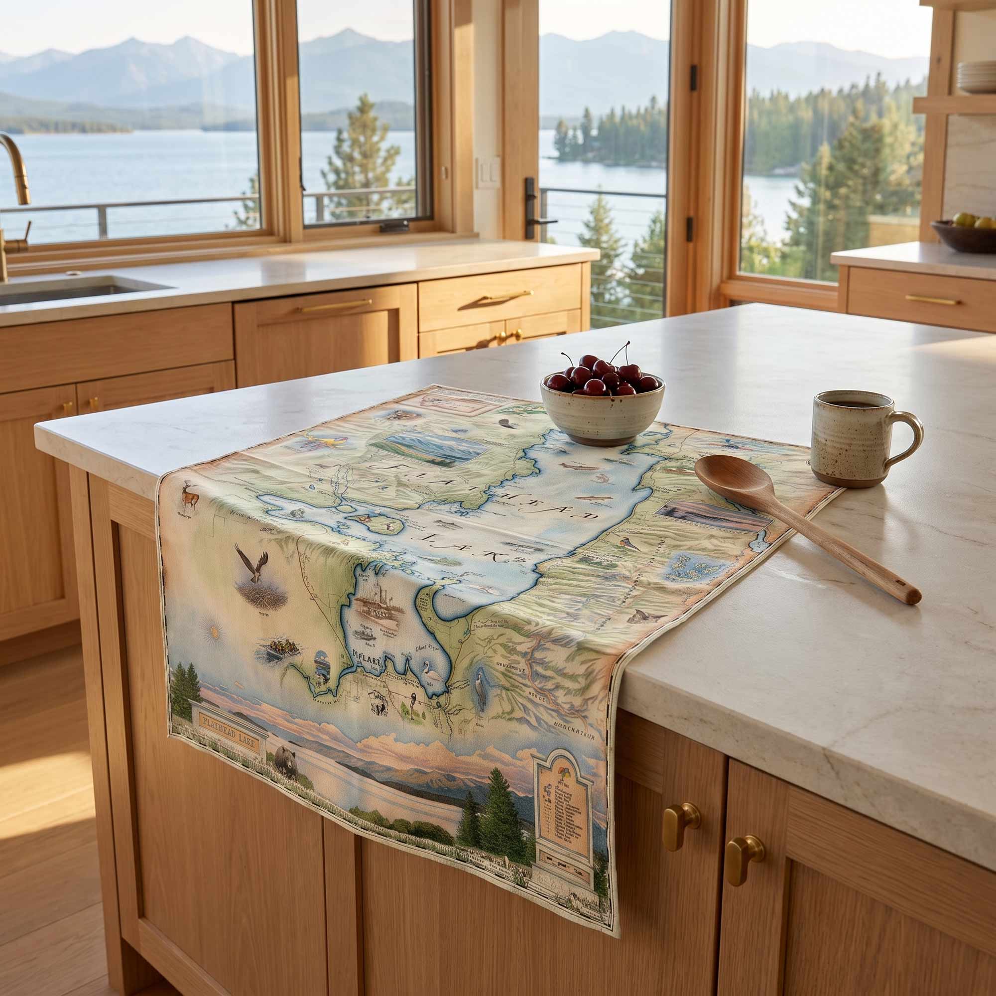 A rectangular kitchen table runner with a vintage-style illustrated map design draped over a light wood island in a bright kitchen. The map features pastel blue, green, and beige tones with small illustrations of landmarks, birds, and animals.