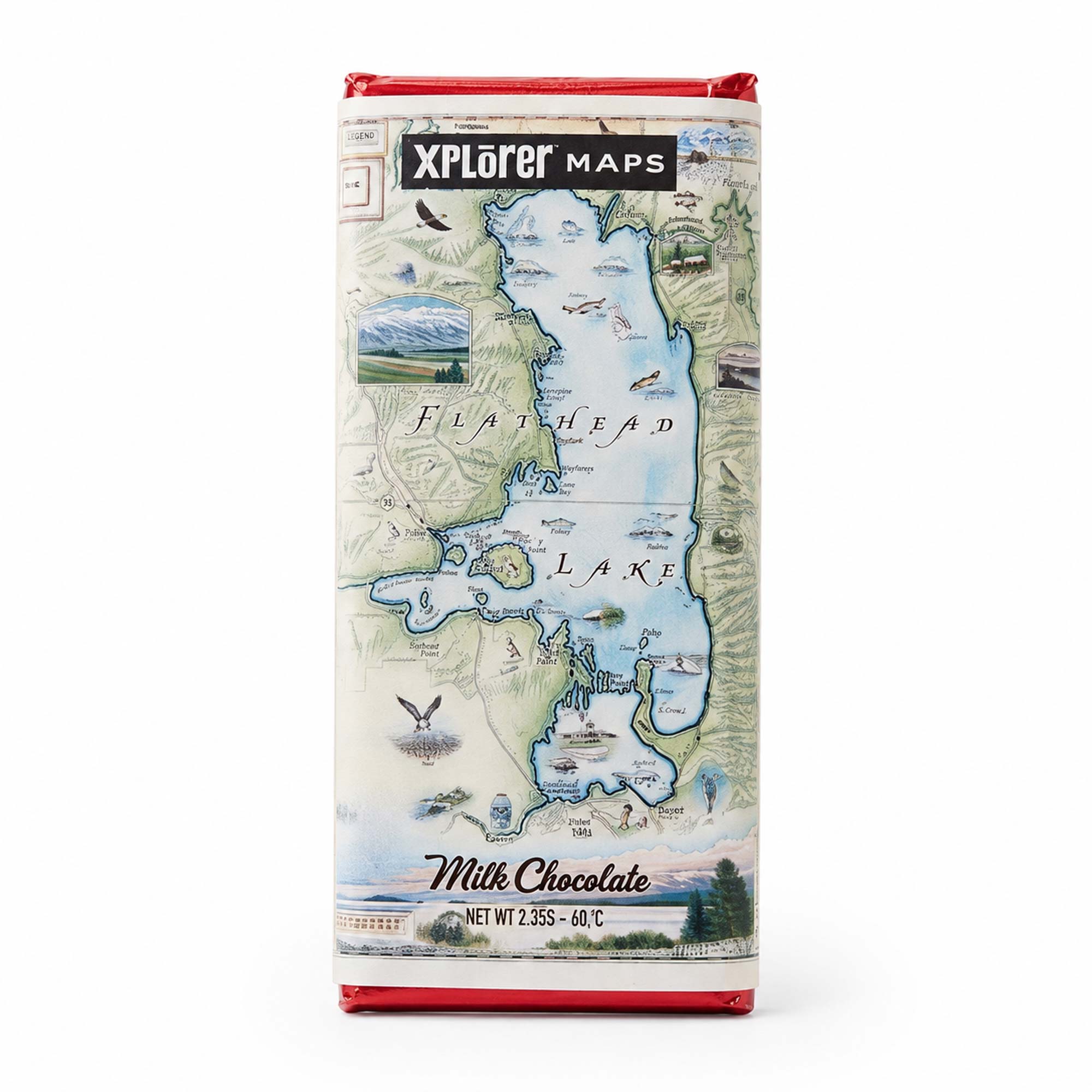 A milk chocolate bar wrapped in a map-themed paper sleeve. The sleeve features a vintage-style illustration of Flathead Lake with the brand name 'Xplorer MAPS' at the top and 'Milk Chocolate' at the bottom, finished with red borders on the top and bottom.
