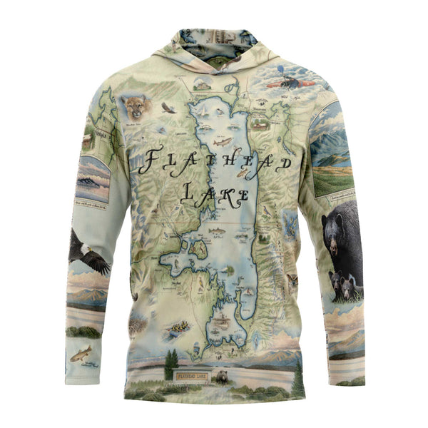 Sun Shirt Hoodie with a map design of Flathead Lake and nature elements on a white background