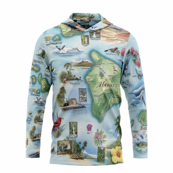 Hawaii sun shirt hoodie with a detailed map of Hawaii design on a white background