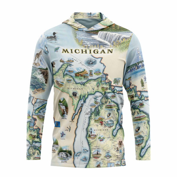 Front Sun Shirt Hoodie with a map of Michigan design on a white background