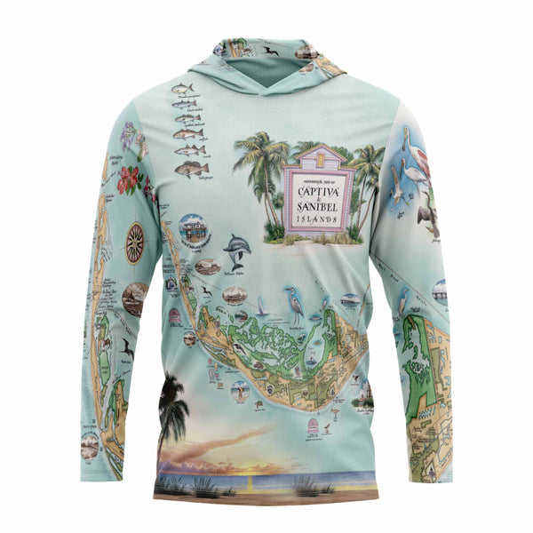 Sanibel & Captiva Islands sun shirt hoodie with a detailed map design on a light blue background
