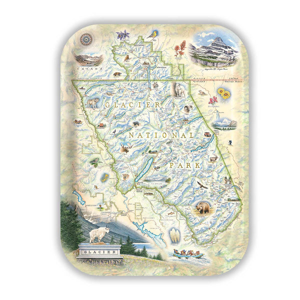 Medium Serving Tray 
Map of Glacier National Park with illustrations on a decorative plate.