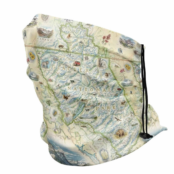 Neck gaiter with Glacier National Park map design on a white background
