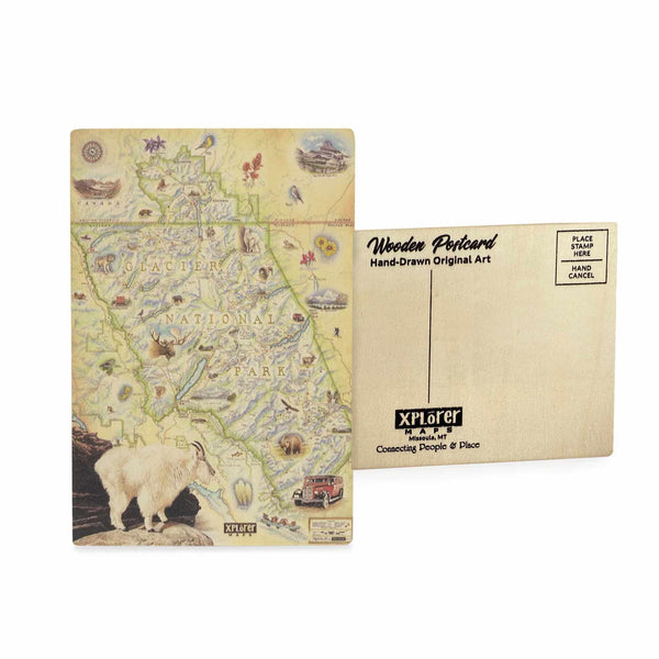 Glacier National Park wooden postcard in earth tone blues and greens featuring hand-drawn illustrations of Lake McDonald, Logan Pass, Going-to-the-Sun Road, and native wildlife.