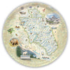 Round serving tray Map of Glacier National Park with illustrations on a circular background