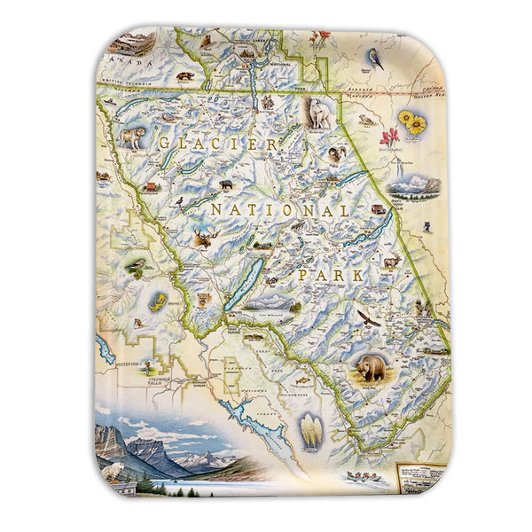 Glacier National Park Serving tray featuring illustrations of Grizzly bears, wolves, bear grass, Mountains, moose and many more. 
