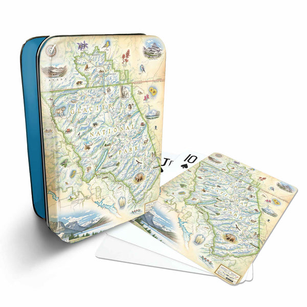 Glacier National Park Montana Map Playing cards that features iconic attractions, flora and fauna of that area - Blue Metal Tin