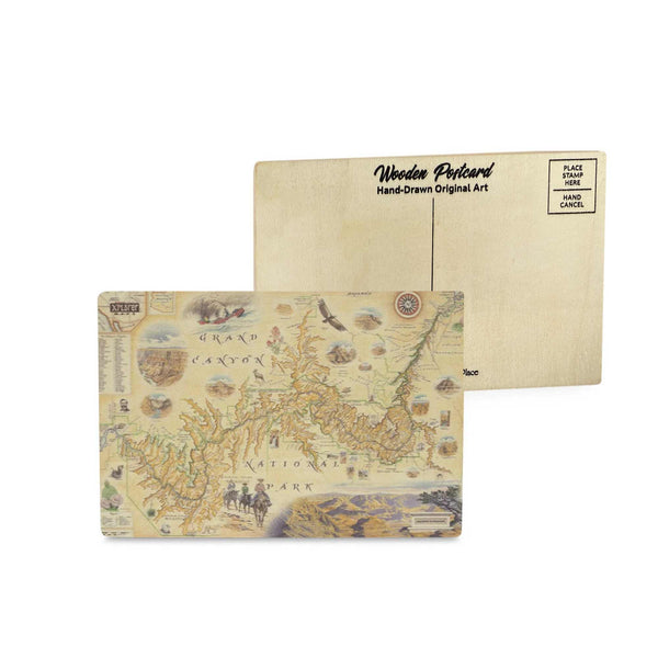 Grand Canyon National Park Map wooden postcard in earth tone colors featuring hand-drawn illustrations of park landmarks, the Colorado River, and native wildlife.