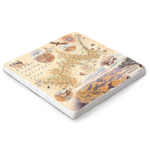 Hand-drawn Grand Canyon map on a 6x6 natural stone trivet by Xplorer Maps.