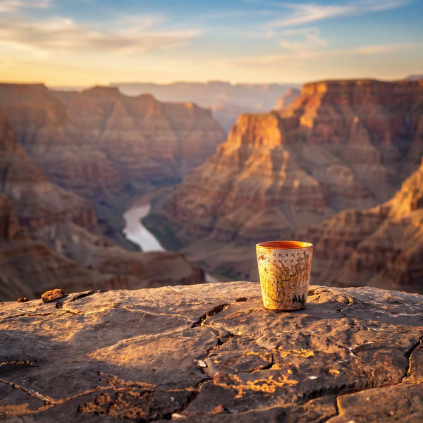 A small patterned ceramic cup with a gold rim sits on a rocky ledge overlooking the Grand Canyon at sunset, with the canyon and river in the background.