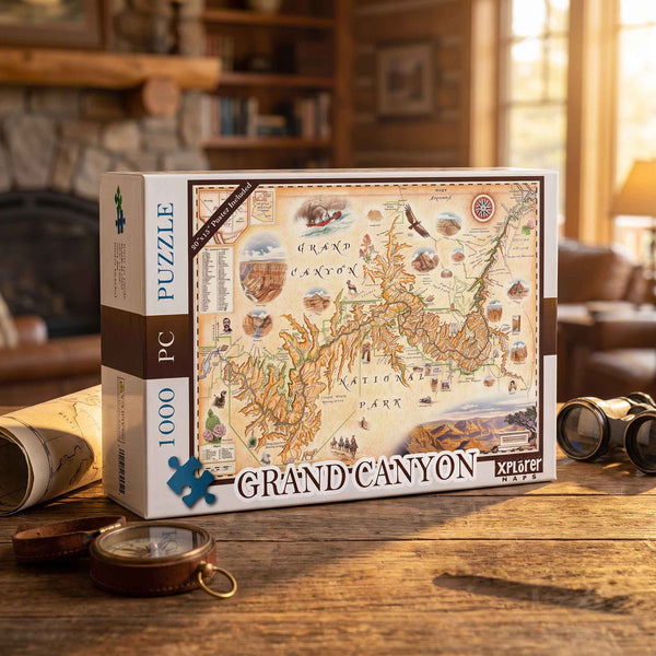 A 1000-piece jigsaw puzzle box titled 'Grand Canyon' by Xplorer Puzzles, displayed on a rustic wooden table with vintage-style props like a compass and binoculars in a cozy, warm-toned living room background.