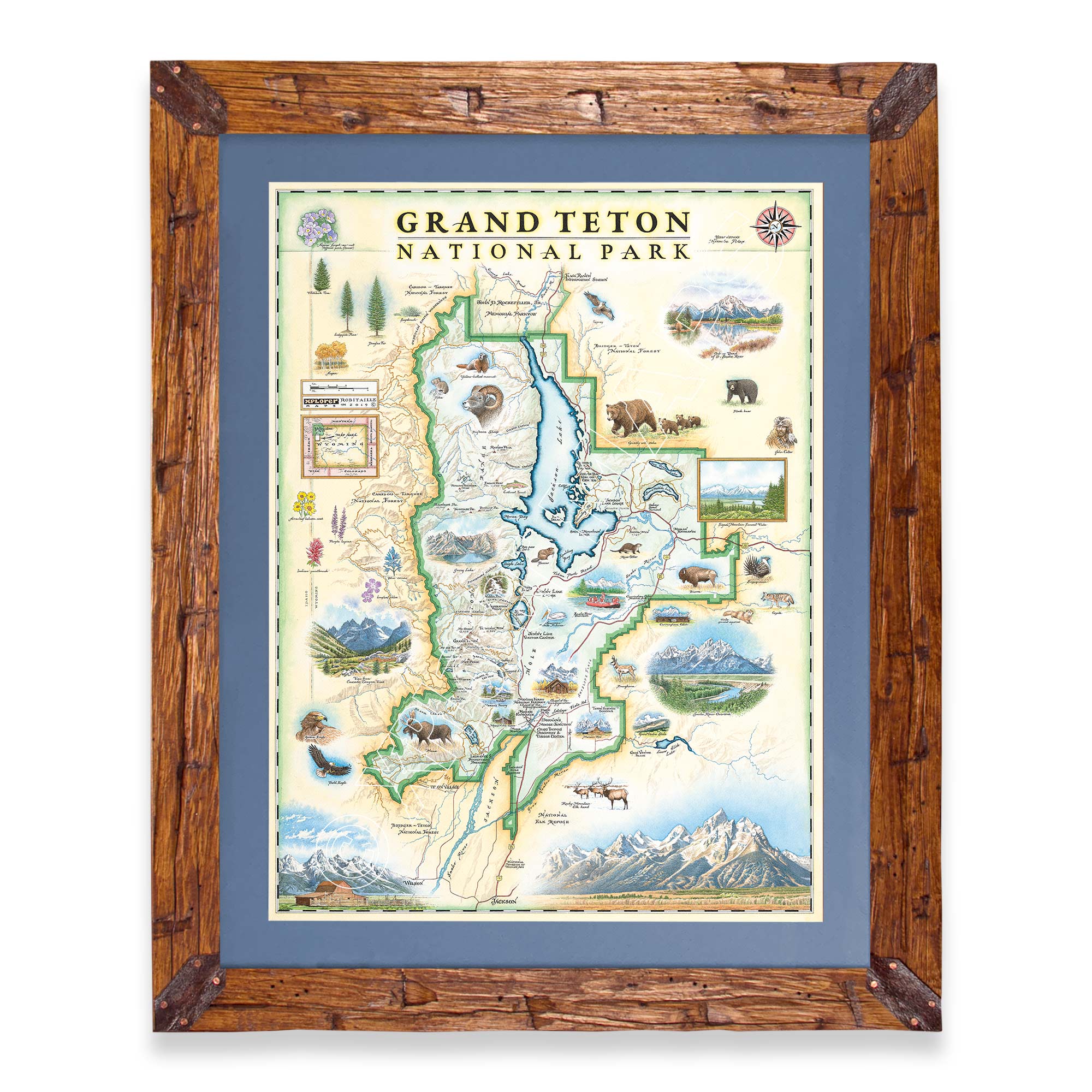 Framed Grand Teton National Park hand-drawn map with a blue mat on a white background