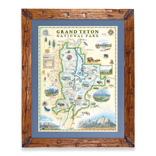 Framed Grand Teton National Park hand-drawn map with a blue mat on a white background