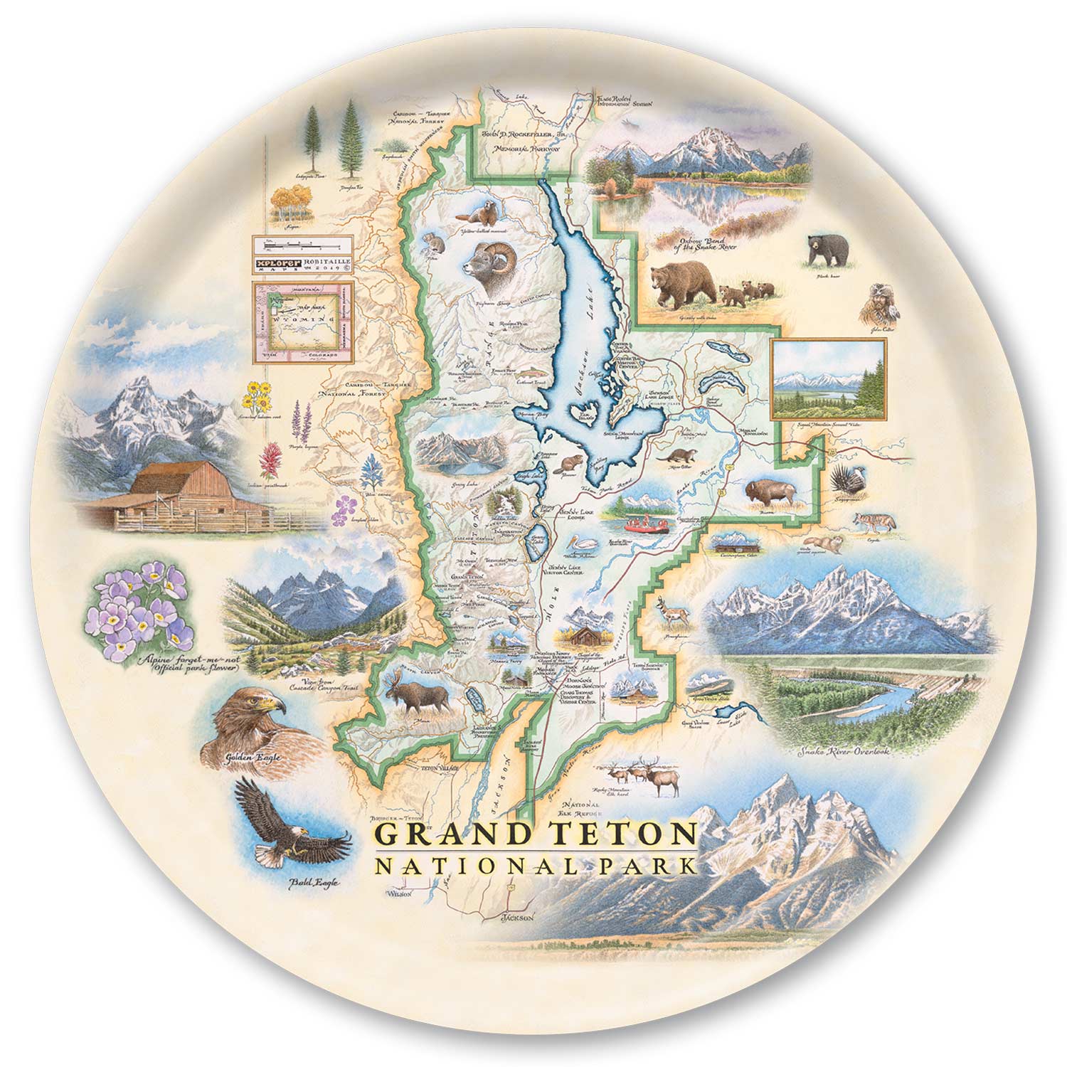 Round Serving Tray Map of Grand Teton National Park on a decorative plate with scenic illustrations.